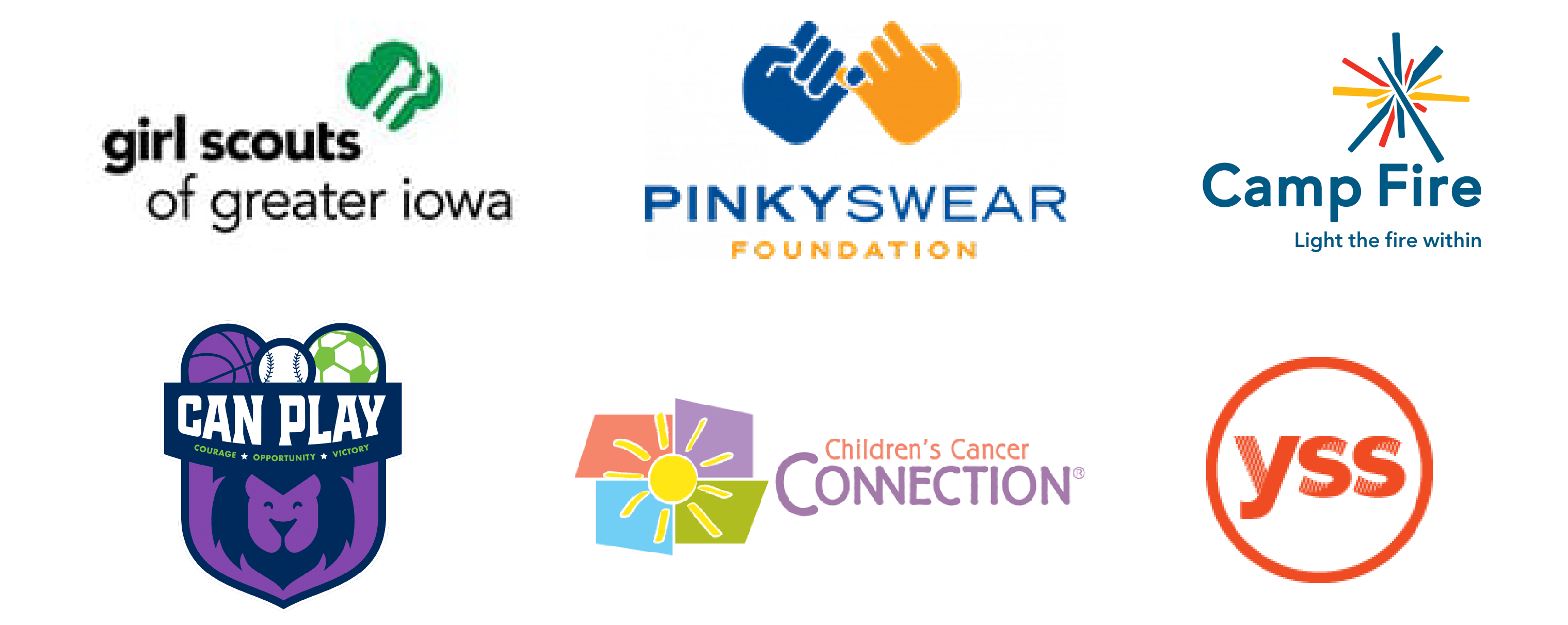 Six nonprofit logos arranged in two rows—Girl Scouts of Greater Iowa, PinkySwear Foundation, Camp Fire above; Can Play, Children’s Cancer Connection, and YSS below—on a white background.