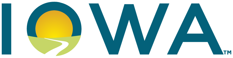 Iowa's 2023 state logo featuring 'IOWA' with a landscape and road design within the 'O' and the tagline 'Freedom to Flourish' beneath.
