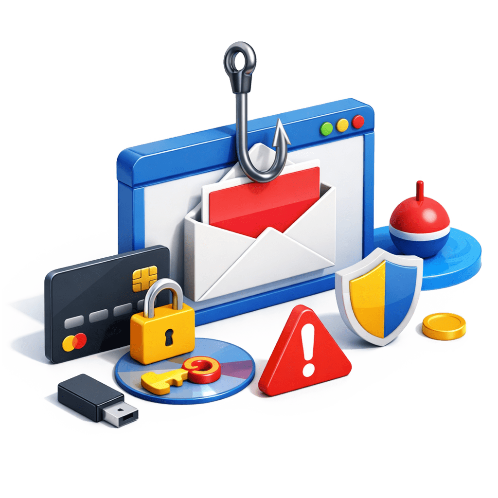 A stylized illustration showing security awareness training concepts, including a web browser window with an email being hooked by a phishing hook, surrounded by icons such as a credit card, padlock, shield, warning triangle, USB drive, and a fishing bobber.