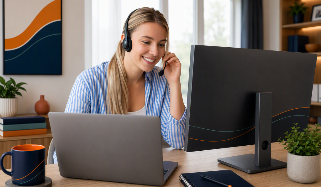 Onshore Outsourced support Aureon Contact Center Employee taking a customer call from home