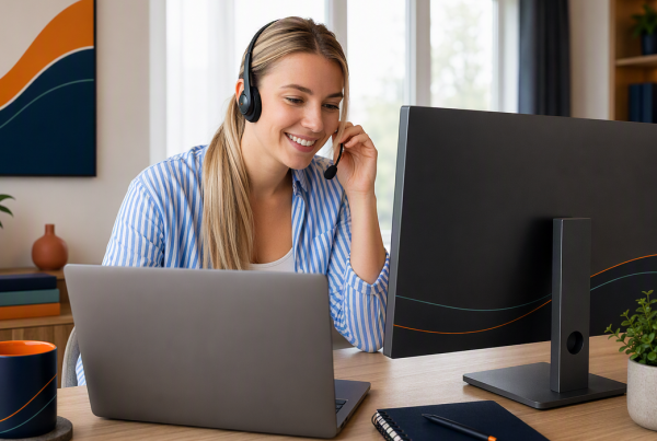 Onshore Outsourced support Aureon Contact Center Employee taking a customer call from home
