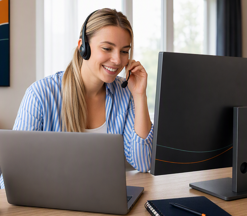 Onshore Outsourced support Aureon Contact Center Employee taking a customer call from home