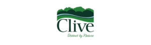 City of Clive logo depicting a green landscape with a blue river and the tagline 'Distinct by Nature.