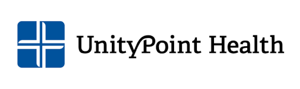 UnityPoint Health logo: white cross formed by four 'U' shapes on a blue square background.