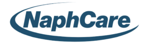 NaphCare logo featuring the company name in bold blue letters with a stylized swoosh encircling the text.