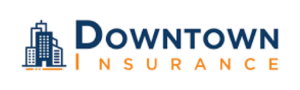 Downtown Insurance logo featuring the company name in bold blue letters with a stylized city skyline."