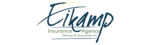 Eikamp Insurance Agency logo featuring the company name in blue serif font with a shield icon.