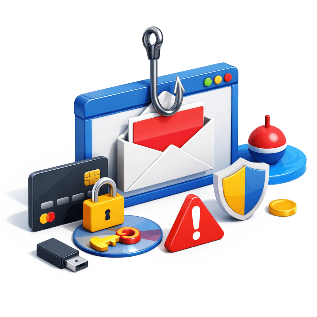 A stylized illustration showing security awareness training concepts, including a web browser window with an email being hooked by a phishing hook, surrounded by icons such as a credit card, padlock, shield, warning triangle, USB drive, and a fishing bobber.