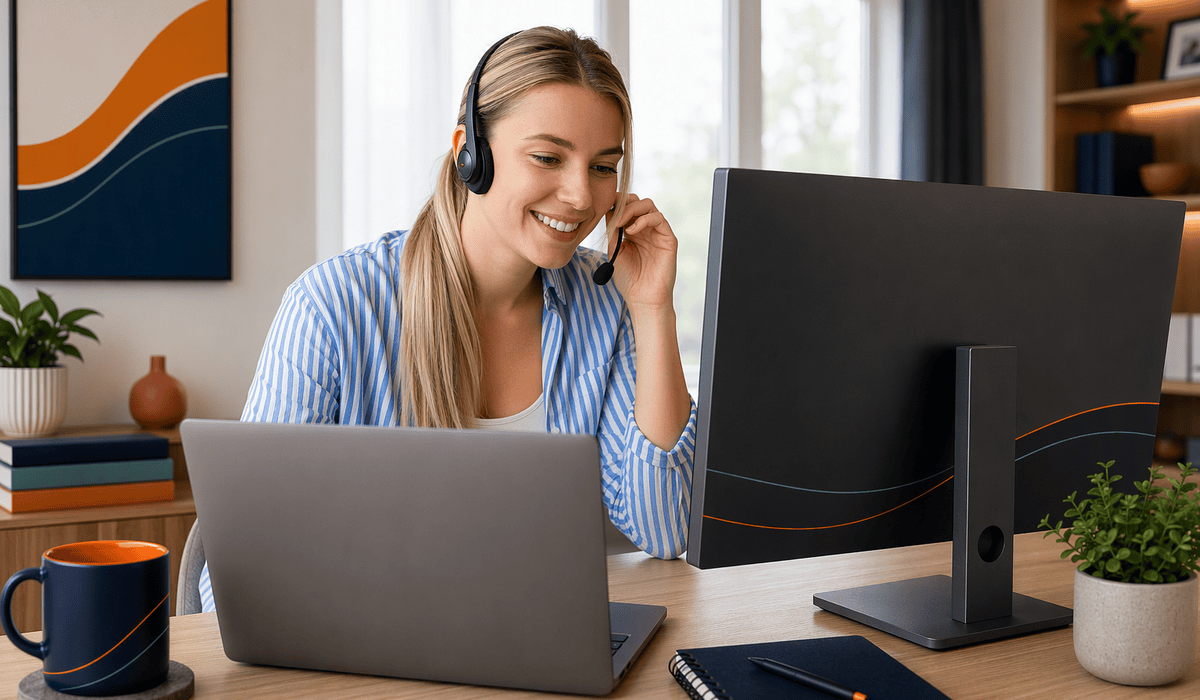 Onshore Outsourced support Aureon Contact Center Employee taking a customer call from home