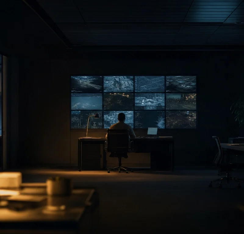 Security analyst watching a wall of displays in a dim operations room, illustrating antivirus vs EDR