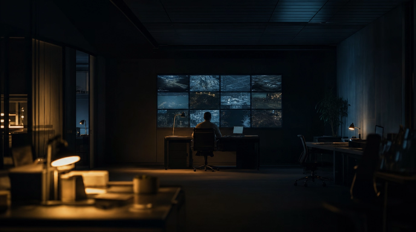 Security analyst watching a wall of displays in a dim operations room, illustrating antivirus vs EDR