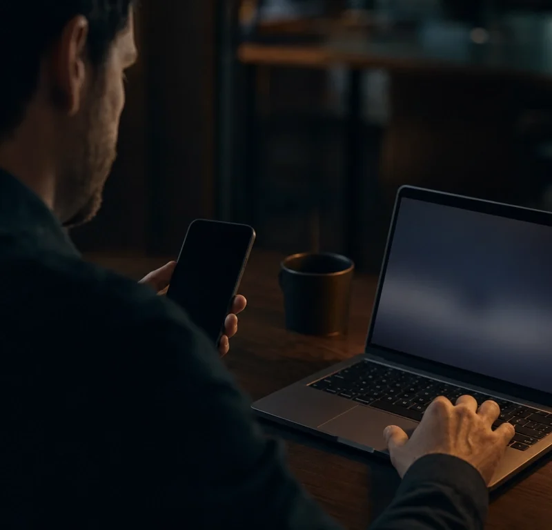 Person authenticating with a phone alongside a laptop, illustrating MFA implementation