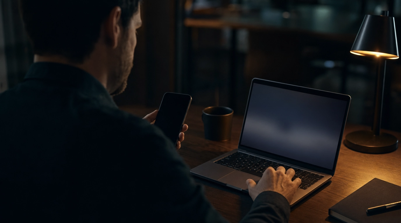 Person authenticating with a phone alongside a laptop, illustrating MFA implementation