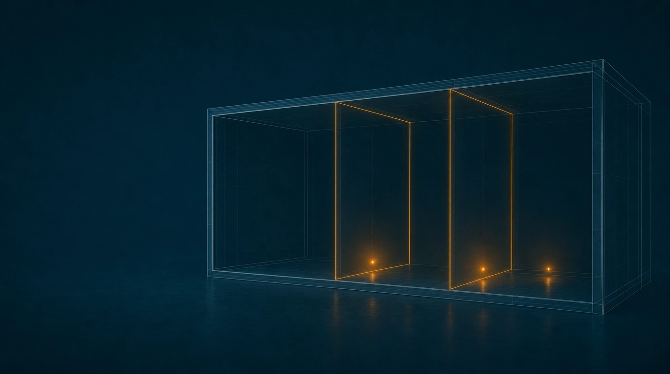 Office interior divided by glass partitions, illustrating network segmentation into zones