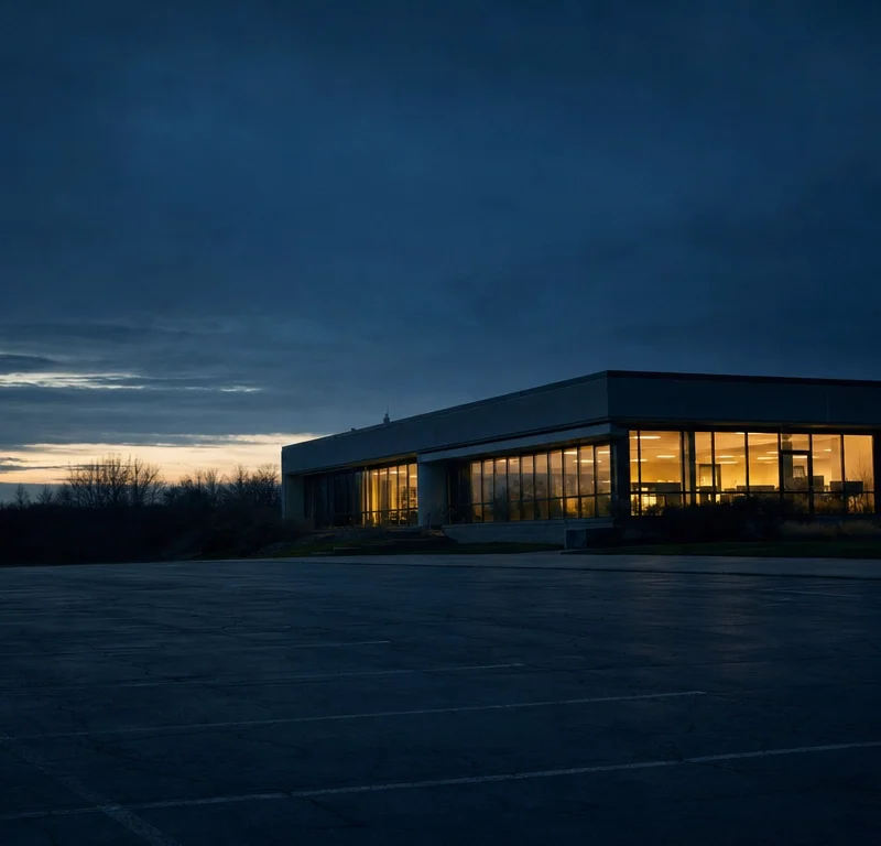 Office building at dusk seen from a parking lot, illustrating wireless security gaps beyond the walls