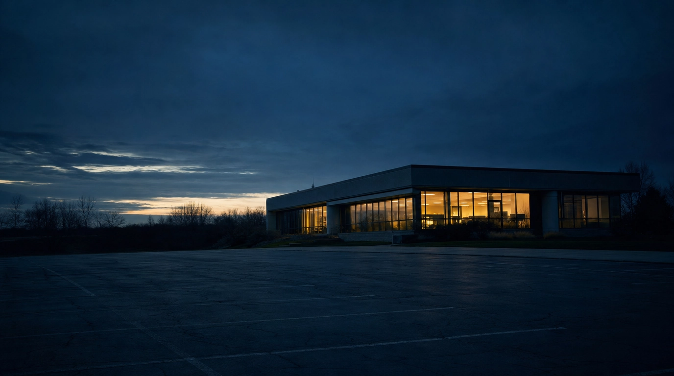 Office building at dusk seen from a parking lot, illustrating wireless security gaps beyond the walls