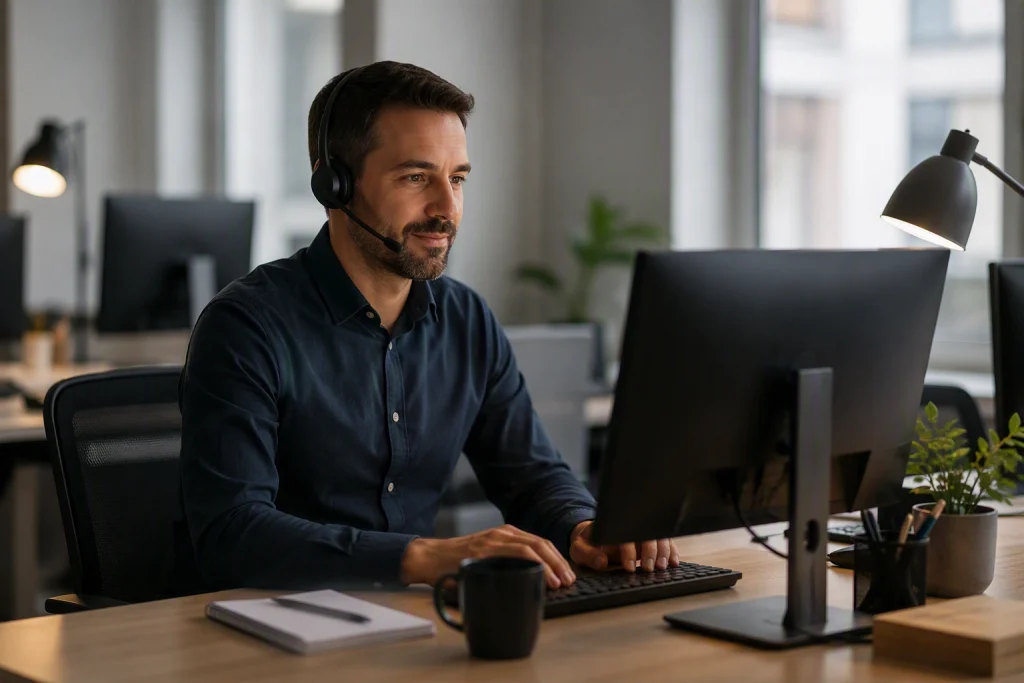 A customer service agent at their own assigned desk, illustrating dedicated vs shared agents
