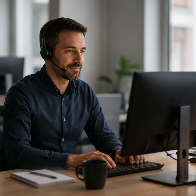 A customer service agent at their own assigned desk, illustrating dedicated vs shared agents