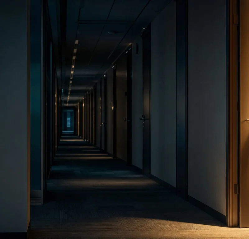 A single door left ajar in a dark corridor, illustrating the gap unpatched systems leave open