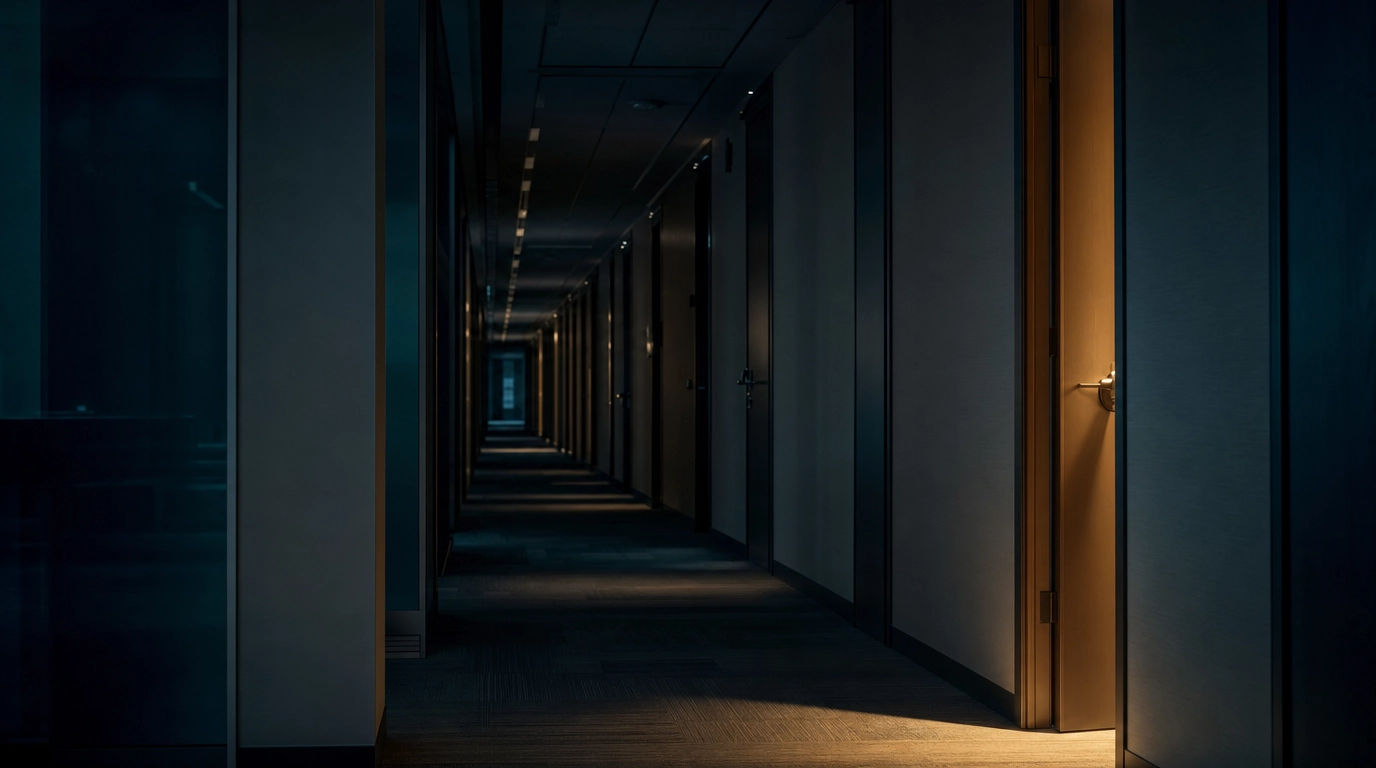 A single door left ajar in a dark corridor, illustrating the gap unpatched systems leave open
