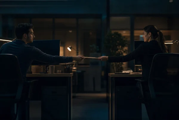 Two colleagues handing off a support request, illustrating tier 1 vs tier 2 help desk escalation