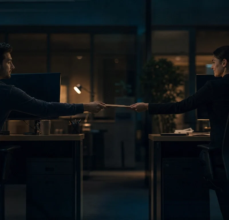 Two colleagues handing off a support request, illustrating tier 1 vs tier 2 help desk escalation