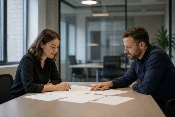 Two colleagues reviewing documents at a conference table, weighing the build vs white label ISP decision
