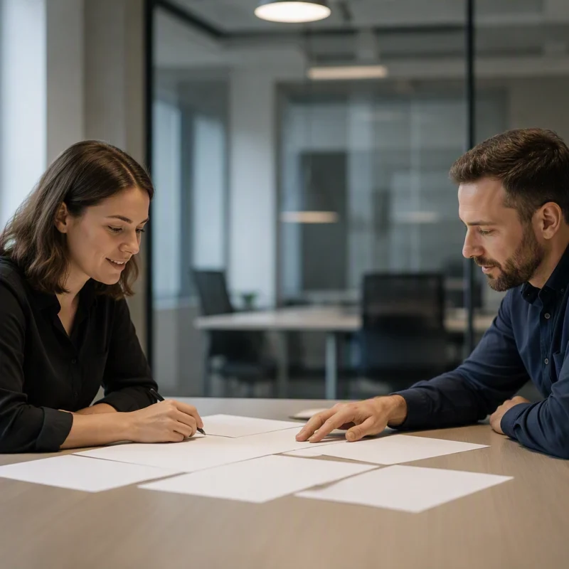 Two colleagues reviewing documents at a conference table, weighing the build vs white label ISP decision