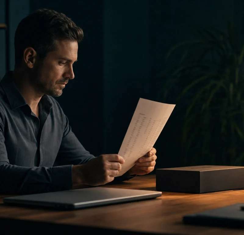 Person reviewing an equipment inventory beside a new device, illustrating a hardware refresh cycle