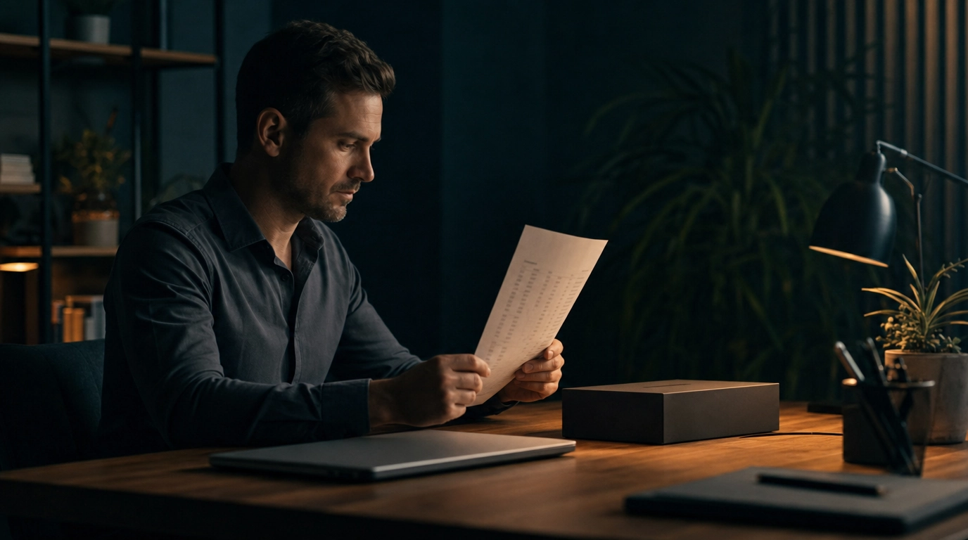 Person reviewing an equipment inventory beside a new device, illustrating a hardware refresh cycle