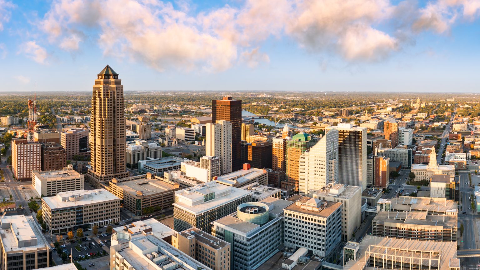 Downtown Des Moines from above at golden hour